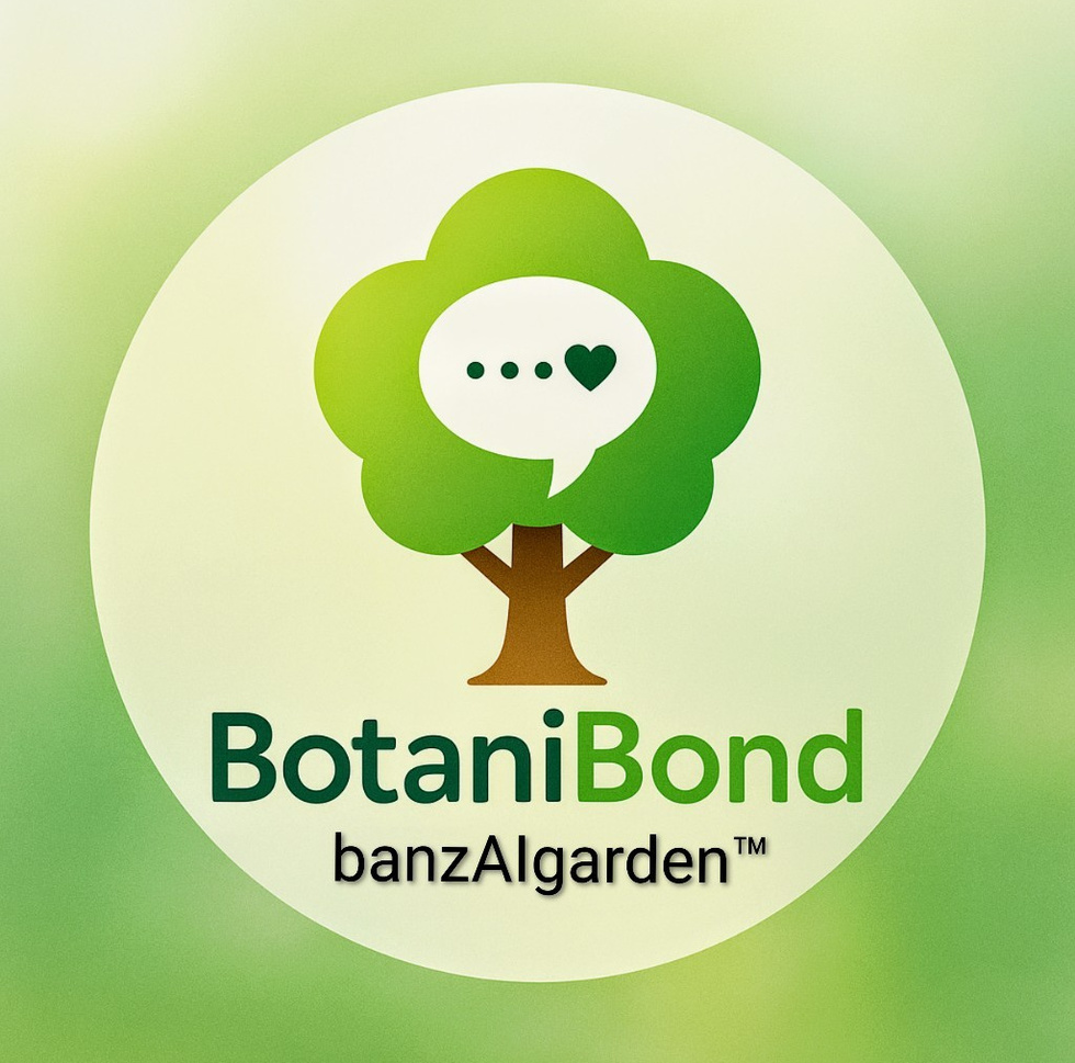 banzAIgarden BotaniBond™ロゴ。木の形の中に吹き出しとハートがあるアイコンで、“庭木と話せるAI体験”を表現。藤沢・鎌倉・湘南エリアの植木屋バンザイガーデン開発。