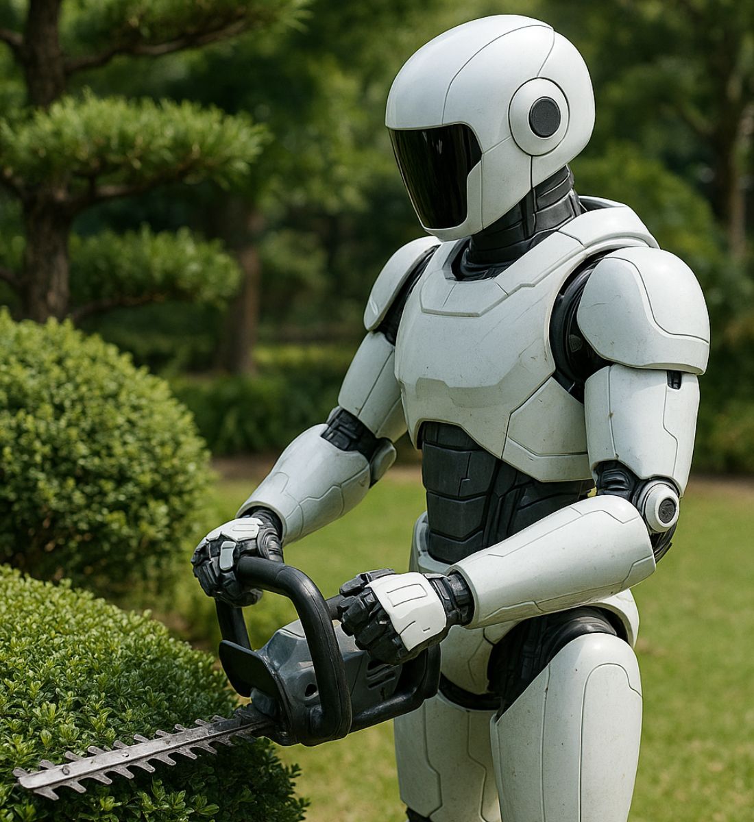 植木を剪定するヒューマノイドロボット(未来像を描いた生成AI画像)