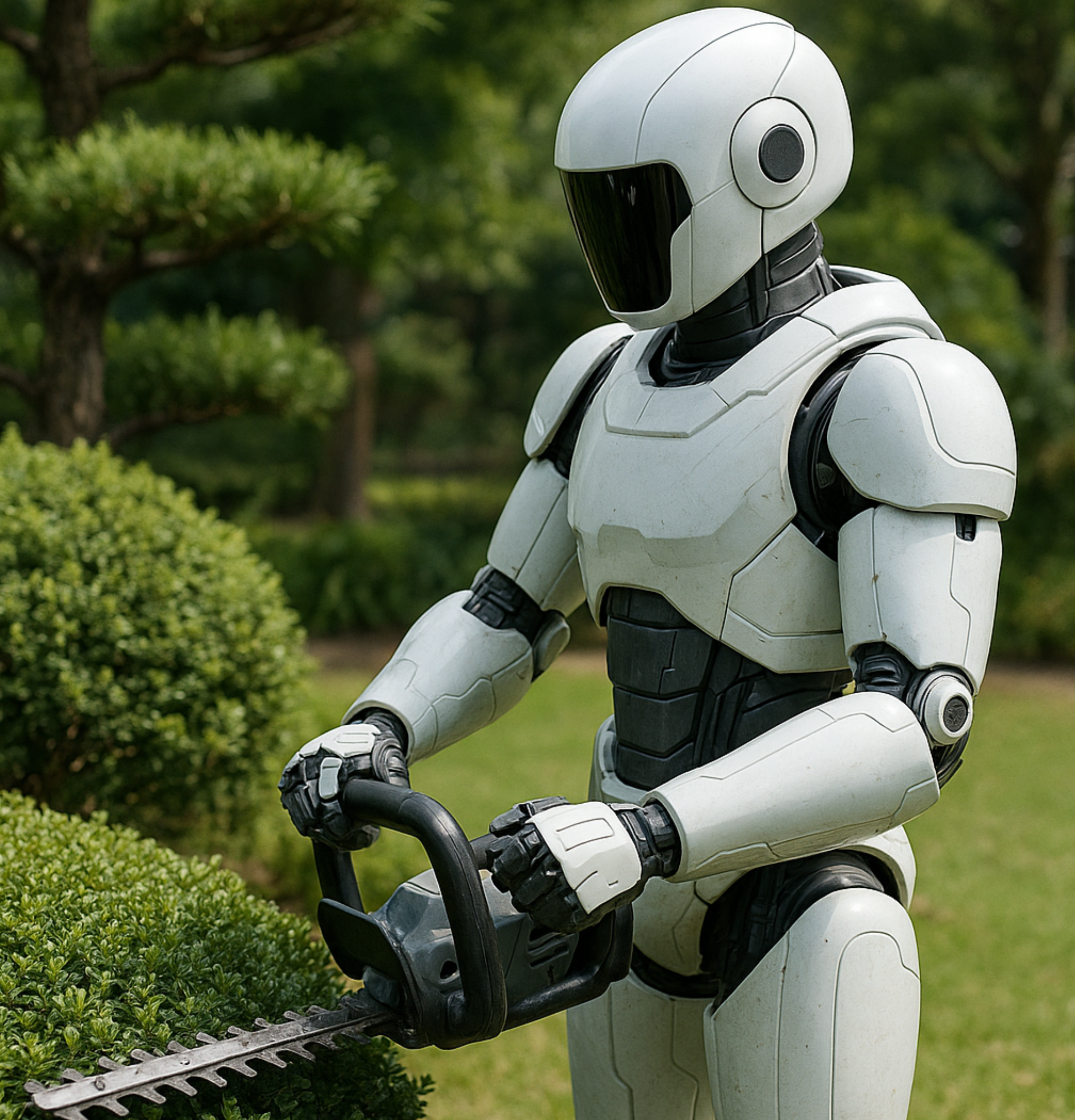 植木を剪定するヒューマノイドロボット(未来像を描いた生成AI画像)