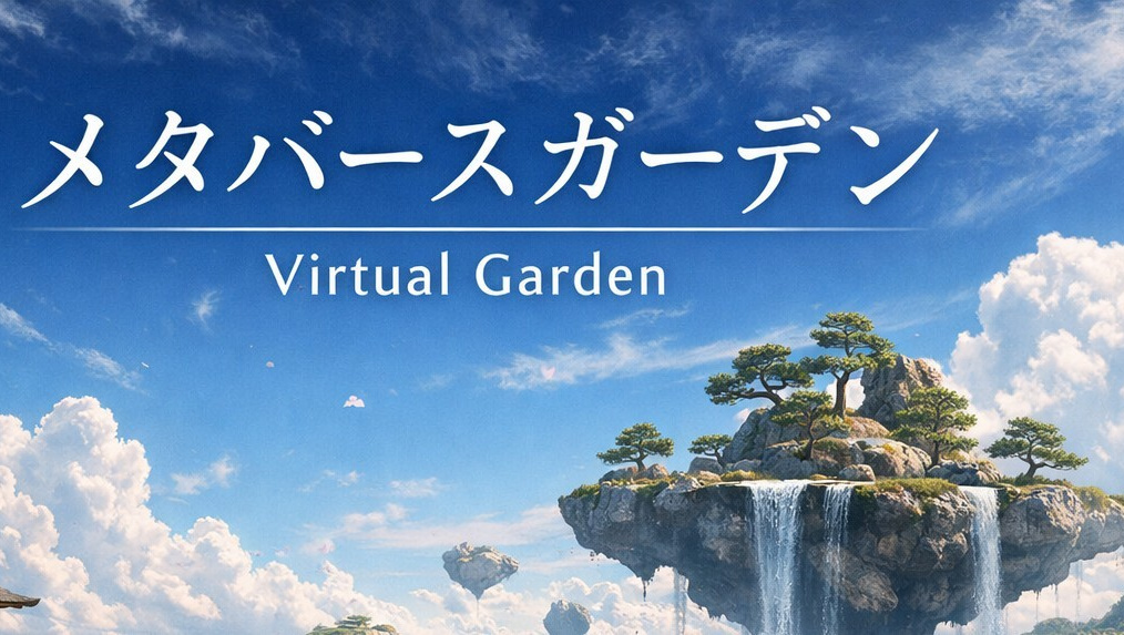 空中に浮かぶ巨石と紅葉の並木が広がるメタバース庭園。 湘南・藤沢の植木屋バンザイガーデンが研究するAI庭師の未来の庭「Virtual Garden」へ移動するリンク画像。