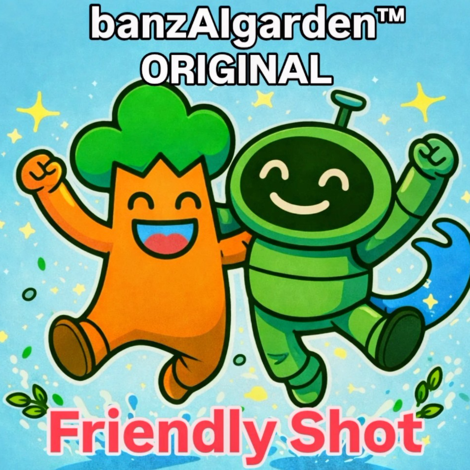 バンザイガーデンオリジナルのプロンプティング手法「FriendlyShot」をイメージしたイラスト。湘南・藤沢市鎌倉市の植木屋バンザイガーデンのマスコット「バンザイくん」が相棒のAIロボット「ブレ夫くん」と仲良く肩を組んで笑っている姿